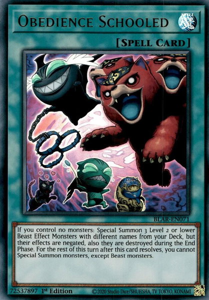 Obedience Schooled trading card from Battles of Legend: Armageddon Obedience Schooled - Battles of Legend: Armageddon YuGiOh trading card