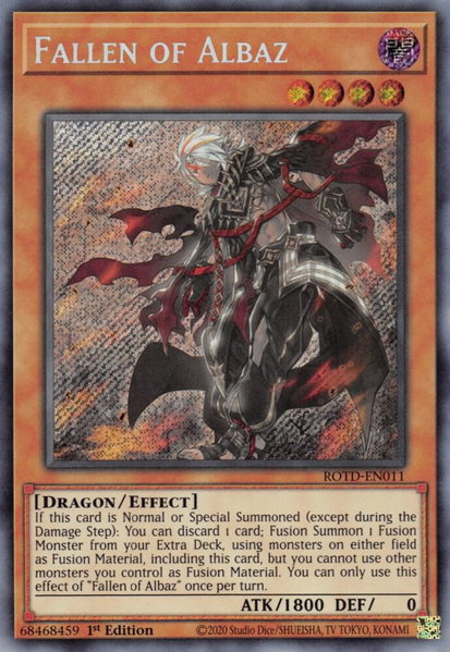 Fallen of Albaz trading card from Rise of the Duelist Fallen of Albaz - Rise of the Duelist YuGiOh trading card