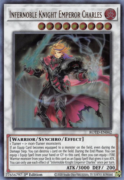 Infernoble Knight Emperor Charles trading card from Rise of the Duelist Infernoble Knight Emperor Charles - Rise of the Duelist YuGiOh trading card