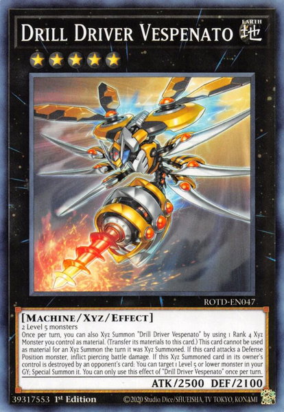 Drill Driver Vespenato trading card from Rise of the Duelist Drill Driver Vespenato - Rise of the Duelist YuGiOh trading card
