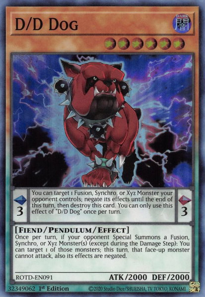 D/D Dog trading card from Rise of the Duelist D/D Dog - Rise of the Duelist YuGiOh trading card