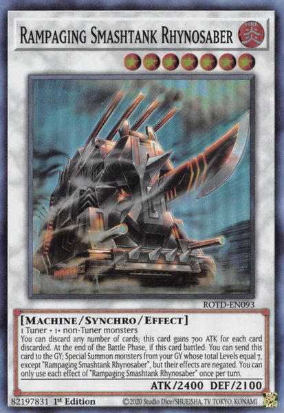 Rampaging Smashtank Rhynosaber trading card from Rise of the Duelist Rampaging Smashtank Rhynosaber - Rise of the Duelist YuGiOh trading card