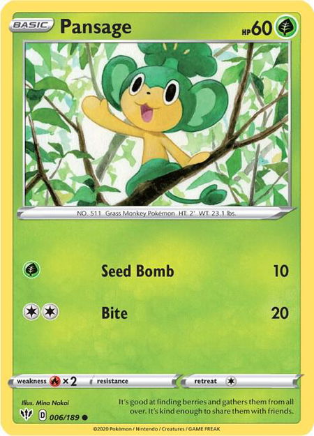 Pansage trading card from SWSH03: Darkness Ablaze Pansage - SWSH03: Darkness Ablaze Pokémon trading card