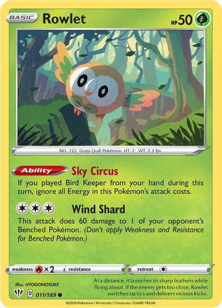 Rowlet trading card from SWSH03: Darkness Ablaze Rowlet - SWSH03: Darkness Ablaze Pokémon trading card