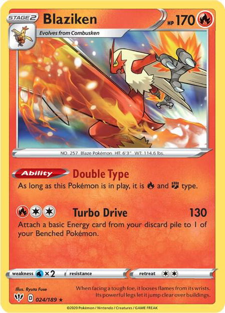 Blaziken trading card from SWSH03: Darkness Ablaze Blaziken - SWSH03: Darkness Ablaze Pokémon trading card