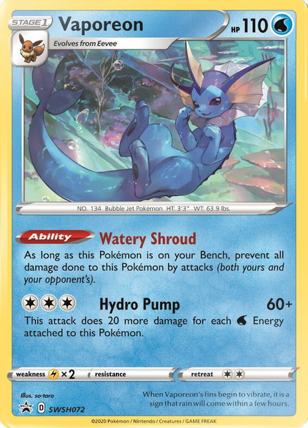 Vaporeon - SWSH072 trading card from SWSH: Sword & Shield Promo Cards Vaporeon - SWSH072 - SWSH: Sword & Shield Promo Cards Pokémon trading card