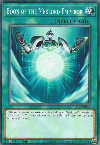 Boon of the Meklord Emperor trading card from Legendary Duelists: Rage of Ra Boon of the Meklord Emperor - Legendary Duelists: Rage of Ra YuGiOh trading card