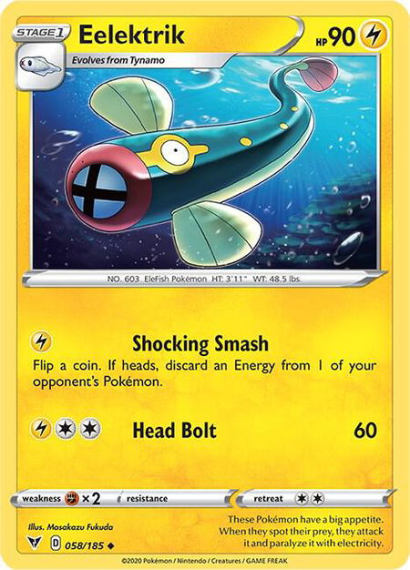 Eelektrik trading card from SWSH04: Vivid Voltage Eelektrik - SWSH04: Vivid Voltage Pokémon trading card