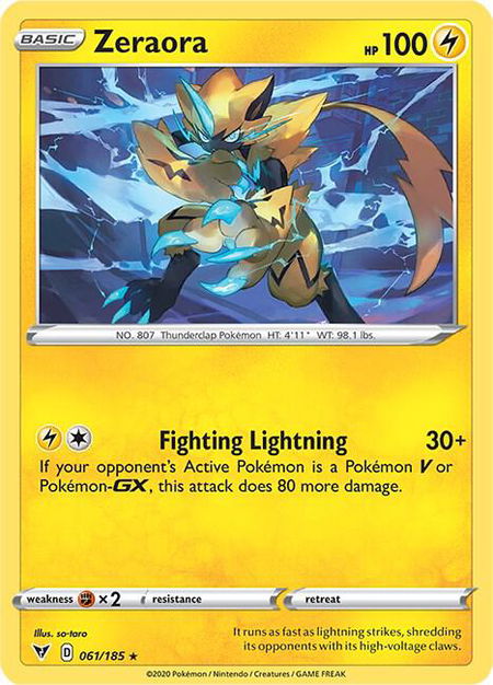 Zeraora trading card from SWSH04: Vivid Voltage Zeraora - SWSH04: Vivid Voltage Pokémon trading card