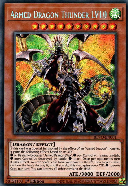 Armed Dragon Thunder LV10 trading card from Blazing Vortex Armed Dragon Thunder LV10 - Blazing Vortex YuGiOh trading card