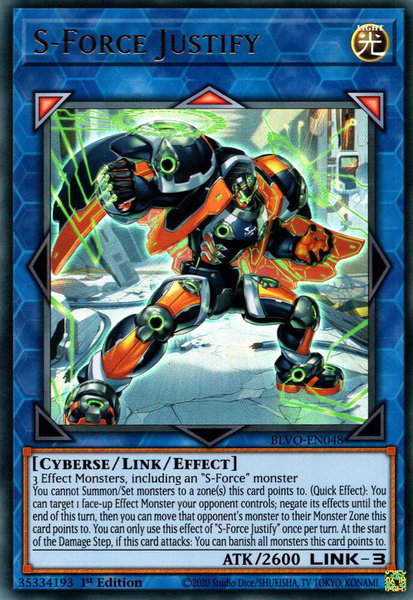 S-Force Justify trading card from Blazing Vortex S-Force Justify - Blazing Vortex YuGiOh trading card