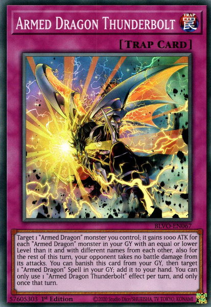 Armed Dragon Thunderbolt trading card from Blazing Vortex Armed Dragon Thunderbolt - Blazing Vortex YuGiOh trading card