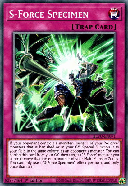 S-Force Specimen trading card from Blazing Vortex S-Force Specimen - Blazing Vortex YuGiOh trading card