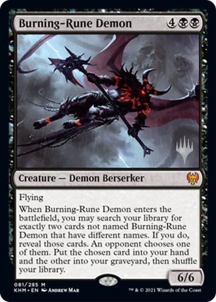 Burning-Rune Demon trading card from Promo Pack: Kaldheim Burning-Rune Demon - Promo Pack: Kaldheim Magic: The Gathering trading card