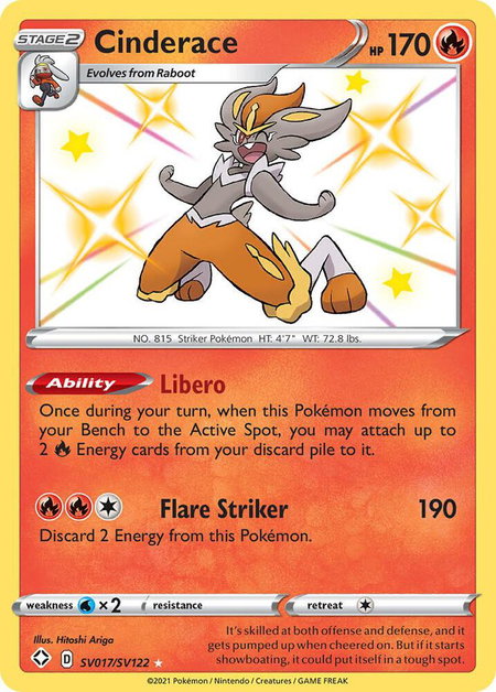 Cinderace trading card from Shining Fates: Shiny Vault Cinderace - Shining Fates: Shiny Vault Pokémon trading card