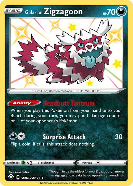 Galarian Zigzagoon trading card from Shining Fates: Shiny Vault Galarian Zigzagoon - Shining Fates: Shiny Vault Pokémon trading card