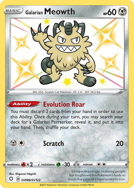 Galarian Meowth trading card from Shining Fates: Shiny Vault Galarian Meowth - Shining Fates: Shiny Vault Pokémon trading card
