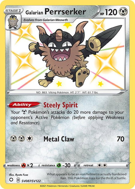 Galarian Perrserker trading card from Shining Fates: Shiny Vault Galarian Perrserker - Shining Fates: Shiny Vault Pokémon trading card