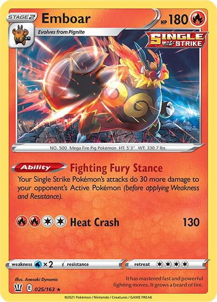 Emboar trading card from SWSH05: Battle Styles Emboar - SWSH05: Battle Styles Pokémon trading card