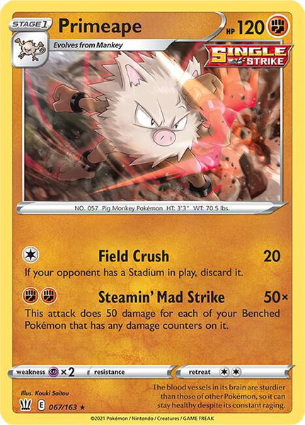 Primeape trading card from SWSH05: Battle Styles Primeape - SWSH05: Battle Styles Pokémon trading card
