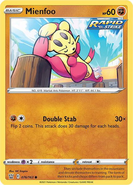 Mienfoo trading card from SWSH05: Battle Styles Mienfoo - SWSH05: Battle Styles Pokémon trading card