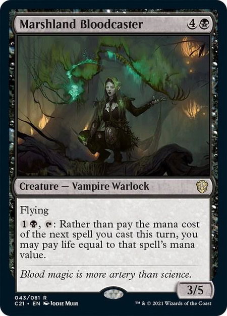 Marshland Bloodcaster trading card from Commander 2021 Marshland Bloodcaster - Commander 2021 Magic: The Gathering trading card