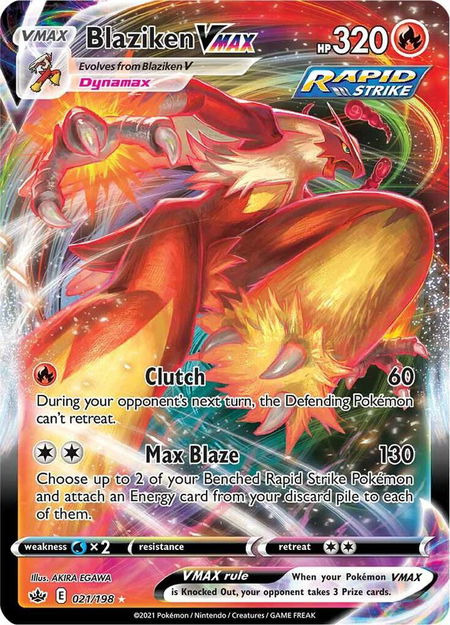 Blaziken VMAX trading card from SWSH06: Chilling Reign Blaziken VMAX - SWSH06: Chilling Reign Pokémon trading card