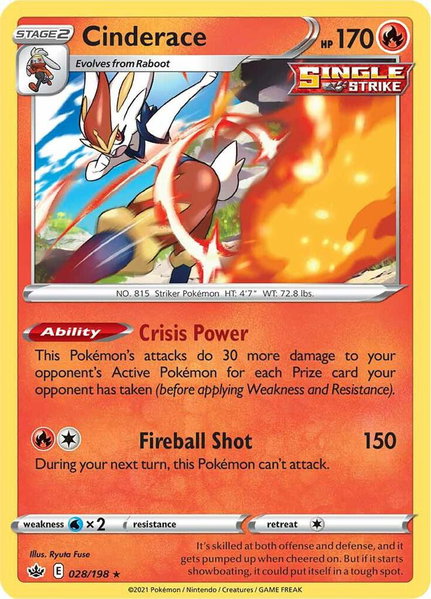 Cinderace trading card from SWSH06: Chilling Reign Cinderace - SWSH06: Chilling Reign Pokémon trading card