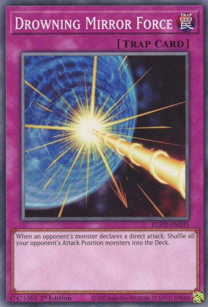 Drowning Mirror Force trading card from Egyptian God Deck: Obelisk the Tormentor Drowning Mirror Force - Egyptian God Deck: Obelisk the Tormentor YuGiOh trading card