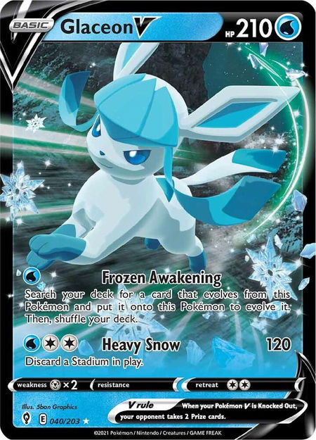 Glaceon V trading card from SWSH07: Evolving Skies Glaceon V - SWSH07: Evolving Skies Pokémon trading card