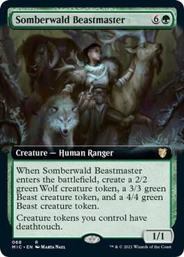 Somberwald Beastmaster (Extended Art) trading card from Commander: Innistrad: Midnight Hunt Somberwald Beastmaster (Extended Art) - Commander: Innistrad: Midnight Hunt Magic: The Gathering trading card