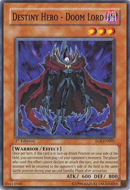 Destiny Hero - Doom Lord trading card from Enemy of Justice Destiny Hero - Doom Lord - Enemy of Justice YuGiOh trading card
