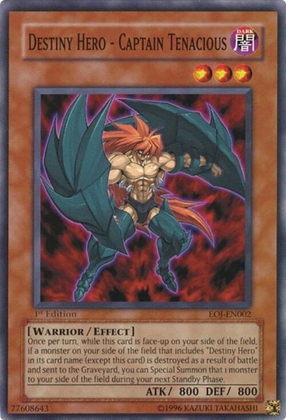 Destiny Hero - Captain Tenacious trading card from Enemy of Justice Destiny Hero - Captain Tenacious - Enemy of Justice YuGiOh trading card