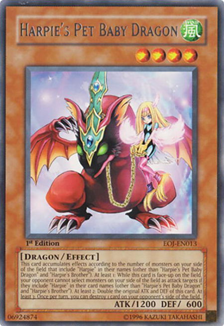Harpie's Pet Baby Dragon trading card from Enemy of Justice Harpie's Pet Baby Dragon - Enemy of Justice YuGiOh trading card