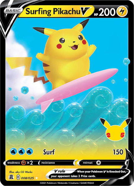 Surfing Pikachu V trading card from Celebrations Surfing Pikachu V - Celebrations Pokémon trading card