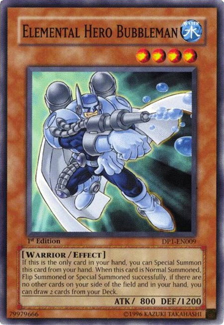 Elemental Hero Bubbleman trading card from Duelist Pack 1: Jaden Yuki Elemental Hero Bubbleman - Duelist Pack 1: Jaden Yuki YuGiOh trading card