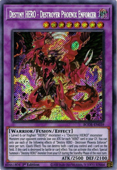 Destiny HERO - Destroyer Phoenix Enforcer trading card from Burst of Destiny Destiny HERO - Destroyer Phoenix Enforcer - Burst of Destiny YuGiOh trading card