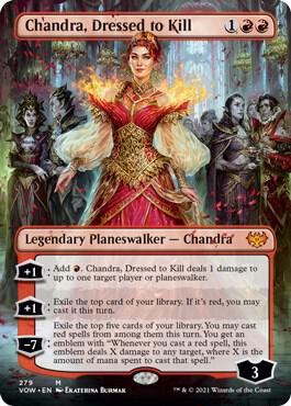 Chandra, Dressed to Kill (Borderless) trading card from Innistrad: Crimson Vow Chandra, Dressed to Kill (Borderless) - Innistrad: Crimson Vow Magic: The Gathering trading card