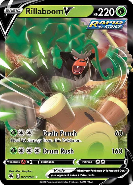 Rillaboom V trading card from SWSH08: Fusion Strike Rillaboom V - SWSH08: Fusion Strike Pokémon trading card