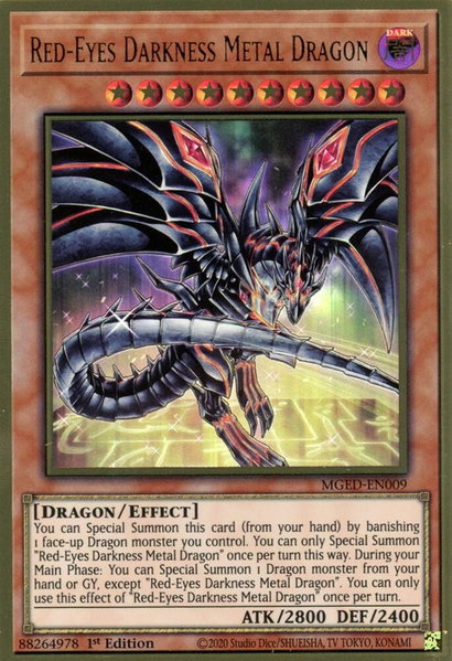 Red-Eyes Darkness Metal Dragon (Alternate Art) trading card from Maximum Gold: El Dorado Red-Eyes Darkness Metal Dragon (Alternate Art) - Maximum Gold: El Dorado YuGiOh trading card