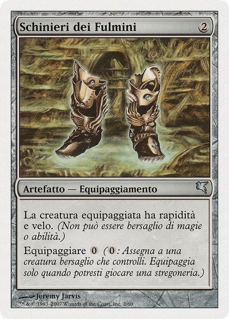 Lightning Greaves (Italian) - "Schinieri dei Fulmini" trading card from Magic Encyclopedia 2005 (Salvat/Hachette) Lightning Greaves (Italian) - "Schinieri dei Fulmini" - Magic Encyclopedia 2005 (Salvat/Hachette) Magic: The Gathering trading card