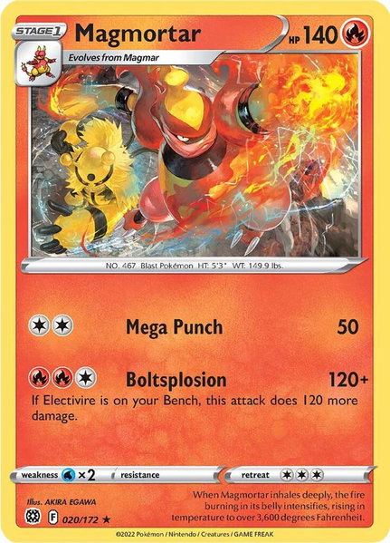 Magmortar trading card from SWSH09: Brilliant Stars Magmortar - SWSH09: Brilliant Stars Pokémon trading card