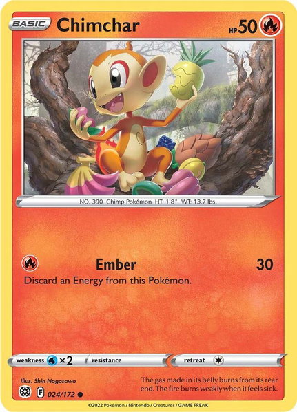 Chimchar trading card from SWSH09: Brilliant Stars Chimchar - SWSH09: Brilliant Stars Pokémon trading card