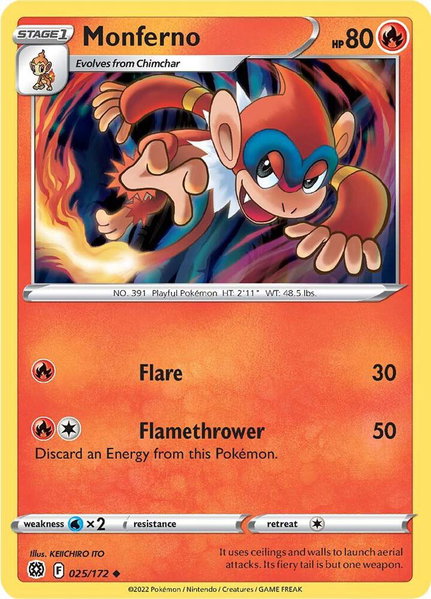 Monferno trading card from SWSH09: Brilliant Stars Monferno - SWSH09: Brilliant Stars Pokémon trading card