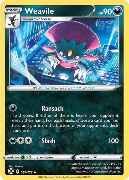 Weavile trading card from SWSH09: Brilliant Stars Weavile - SWSH09: Brilliant Stars Pokémon trading card