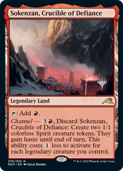 Sokenzan, Crucible of Defiance trading card from Promo Pack: Kamigawa: Neon Dynasty Sokenzan, Crucible of Defiance - Promo Pack: Kamigawa: Neon Dynasty Magic: The Gathering trading card