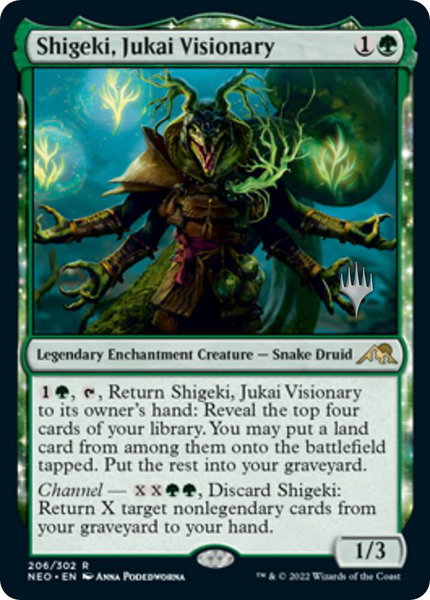 Shigeki, Jukai Visionary trading card from Promo Pack: Kamigawa: Neon Dynasty Shigeki, Jukai Visionary - Promo Pack: Kamigawa: Neon Dynasty Magic: The Gathering trading card