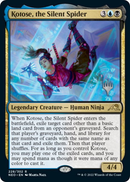 Kotose, the Silent Spider trading card from Promo Pack: Kamigawa: Neon Dynasty Kotose, the Silent Spider - Promo Pack: Kamigawa: Neon Dynasty Magic: The Gathering trading card