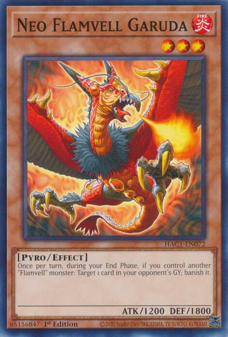 Neo Flamvell Garuda trading card from Hidden Arsenal: Chapter 1 Neo Flamvell Garuda - Hidden Arsenal: Chapter 1 YuGiOh trading card