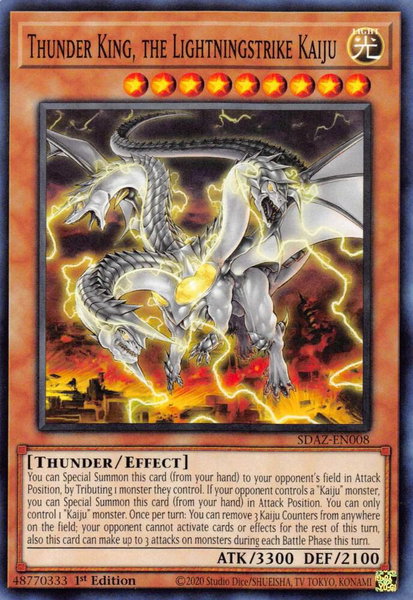 Thunder King, the Lightningstrike Kaiju trading card from Structure Deck: Albaz Strike Thunder King, the Lightningstrike Kaiju - Structure Deck: Albaz Strike YuGiOh trading card
